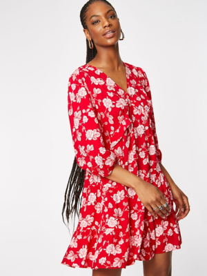 Red Floral Print Ruffled Hem Tiered ...